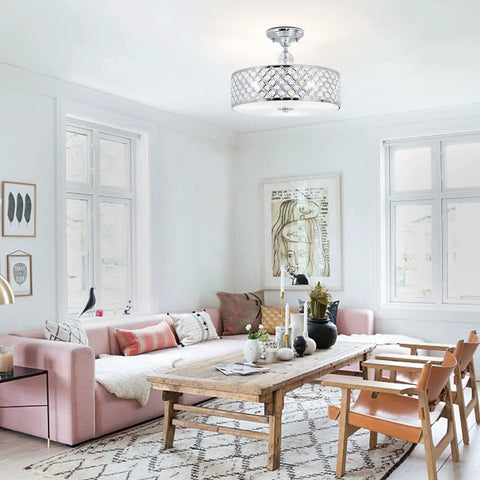 Crystal Chrome Ceiling Light Fixture With 3 Lights Flush Mount Round 15 Inch Chandelier in a stylish living room