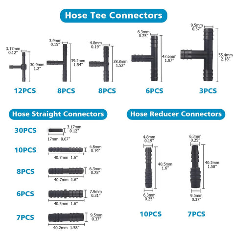 Black nylon vacuum hose connector set with tee, straight, and reducer fittings; includes 115pc and 63pc assortments.