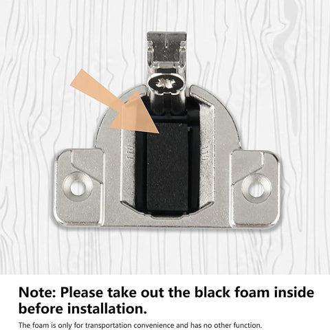 Close-up of soft close cabinet hinges for smooth silent operation with black foam for no-drill installation.