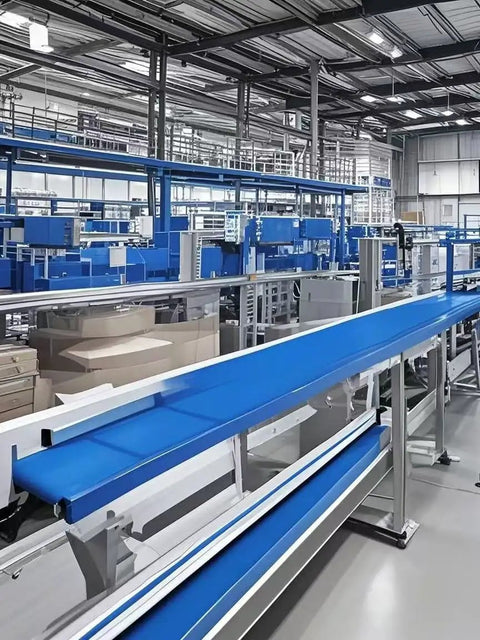 Built Like A Tank Blue PVC Conveyor Belt For Warehouse And Manufacturing Lines Featuring Abrasion Oil Heat Resistant Reinforced Polyester Core With Low Maintenance And Reliable Daily Performance in a factory setting.