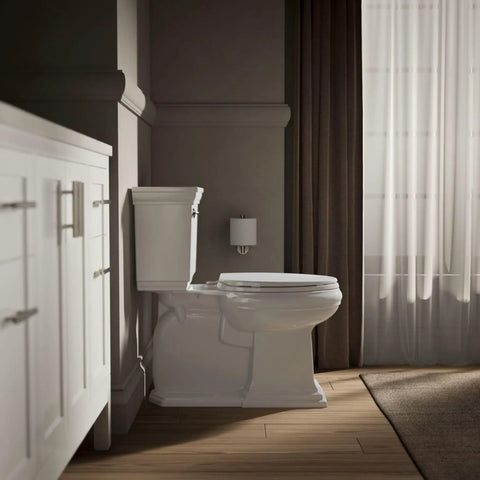 Revamp Your Bathroom With This Top Tier Quiet Close Elongated Toilet Seat In Crisp White Featuring Sturdy Mounting Bolts And Quick Attach Hardware That Gets You Set Real Quick For Everyday Comfort in a spacious bathroom.