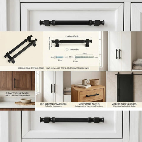 10 Pack 5 Inch Black Cabinet Drawer Pulls Zinc Alloy 128mm Kitchen Dresser Handles in use on white and wooden cabinets