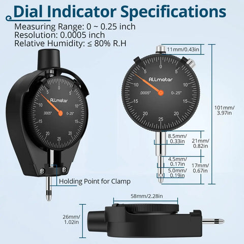 Pro Grade Dial Bore Gauge 2 To 6 Inch Kit With 0.001 Inch Accuracy And 0.25 Inch Dial Indicator showing dimensions and features.