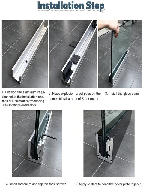 Installation steps for Adjustable Aluminum Glass Spigot Kit Built Tough For Decks And Pools with glass panel placement.