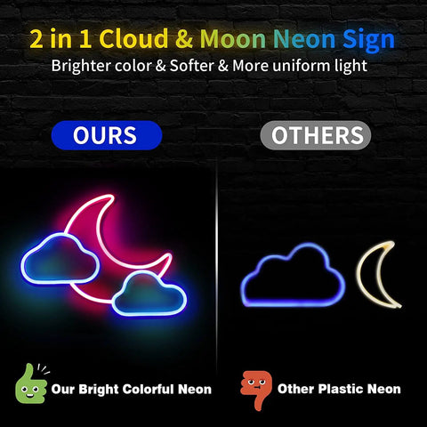 Comparison of 2 in 1 Cloud & Moon Neon Sign showing brighter color and softer, more uniform light against a standard plastic neon.