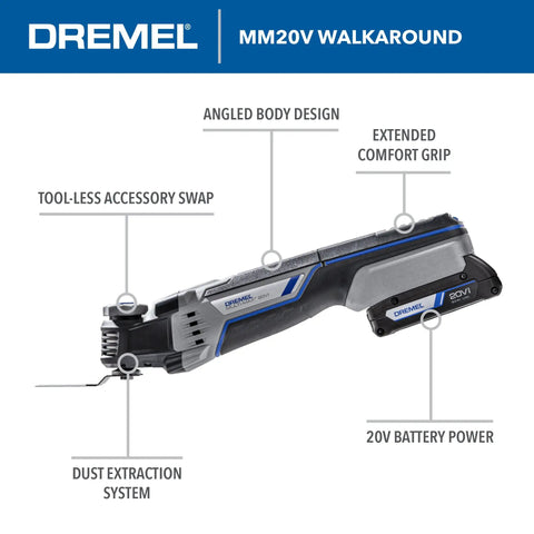 Dremel MM20V with angled body, tool-less swap, and 20V battery. Do It All Cordless Oscillating Tool Kit With 20V Max Battery