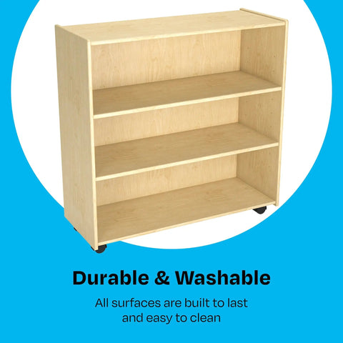 Slick Rolling Storage Rack With Adjustable Shelves And Heavy Duty Locking Casters, 36h x 35.75w x 14.25d inches, durable wood shelf.