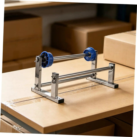 Manual Roll Film Dispenser For Stretch Wrapping Film And Cargo Packaging Supplies, lightweight metal frame with blue rollers on cardboard boxes