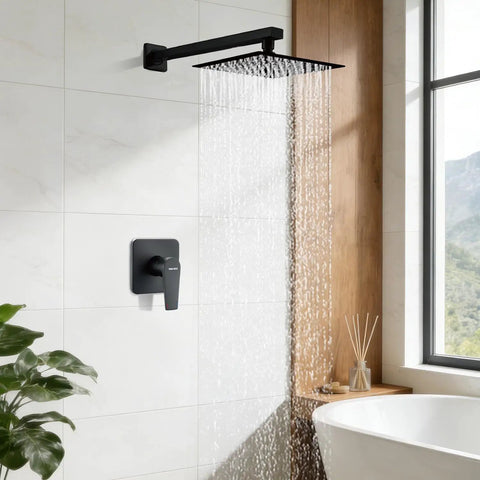 Heavy Duty Eight Inch Rain Shower Head And Matte Black Faucet Set Crafted From Solid Brass And Tough 304 Stainless Steel in bathroom
