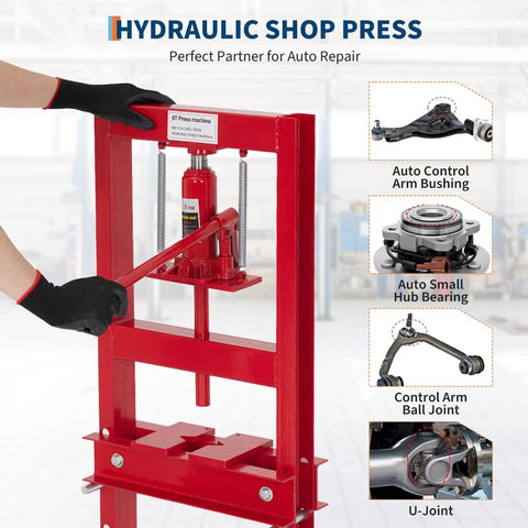 Badass 6 Ton Hydraulic Press H Frame Shop Press With Two Steel Plates And Adjustable Table For Metal Bending Straightening And Heavy Duty Garage Mods Built Different showcasing usage in auto repair.