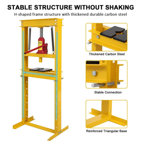 12 Ton Yellow H Frame Hydraulic Press For DIY Pros And Weekend Warriors With Four Height Adjustable Plates Heavy Duty Bearing Gear Removal Straightening Bending And Press Fit Jobs In The Garage Or Shop