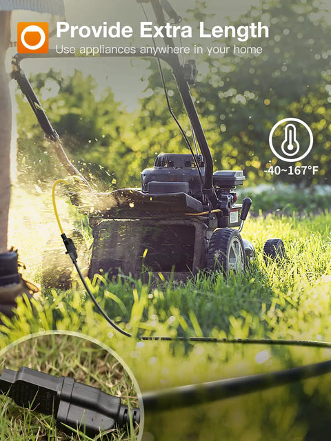 Lawn mower connected to 100 Ft Outdoor Extension Cord Waterproof And All Weather 16 Gauge 3 Prong Copper Plug Flexible UL Listed