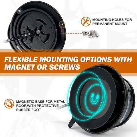 Hella Bright 4.5 Inch Amber LED Warning Beacon With Rock Solid Magnetic Mount base showing magnet and screw mounting options.