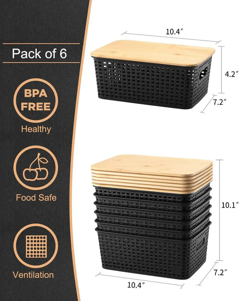 Top Tier Stackable Storage Bins With Bamboo Lids Set Of Six Heavy Duty Bpa Free Plastic Baskets, 10.4x7.2x4.2 inches, stacked view.