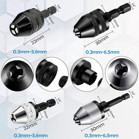 4 Piece Drill Chuck Adapter Set 1/4 Inch Hex Quick Change For Impact Drivers And Electric Drills Mini Keyless Chuck Converters 0.3 To 6.5 mm And 0.3 To 3.6 mm Tool Attachment Silver Black showcasing various angles of black and silver adapters with measurements.