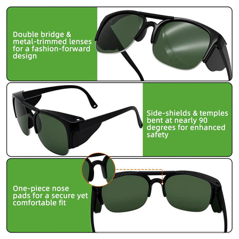 Heavy Duty Welding Safety Glasses With Ir Shade 3.0 Lens And Ansi Z87 Certified Impact Guard For Grinding Cutting And Warehouse Jobs, showing double bridge design.