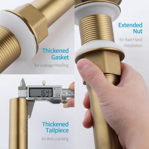 Hella Smooth Pop Up Drain Without Overflow For Bathroom Vessel Sink, showing thickened gasket and tailpiece with measuring tool.