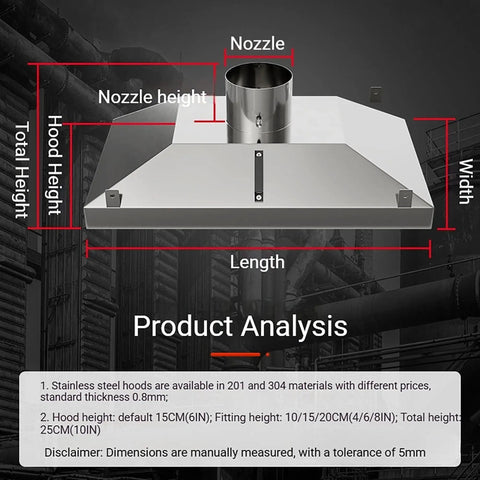 Square Fume Hood for Welding and Cutting, Heavy Duty Industrial Smoke Collector for Dust Extraction with dimensions displayed