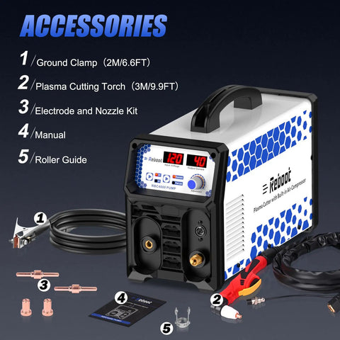 Plasma Cutter With Built In Air Compressor 40A 120V IGBT Inverter Digital Cutting Machine with accessories including torch and nozzle kit.