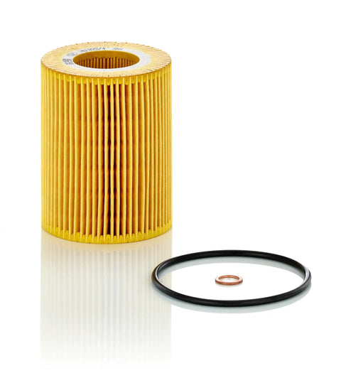 HU 925/4 Cartridge Oil Filter Replacement With Oil Drain Plug Gasket for BMW 3 Series 1997-2006, filter and gasket shown