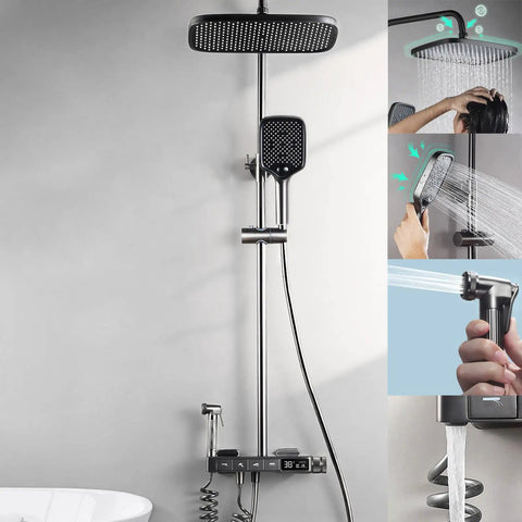 CUTPOIY Thermostatic Shower System with digital display, rain shower head, handheld sprayer, and bathtub faucet.