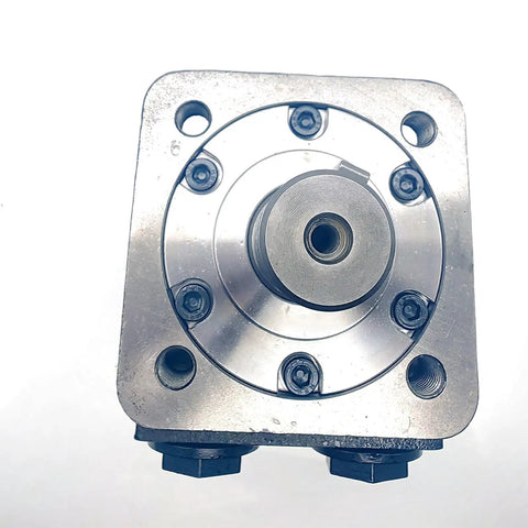 Dead Simple Hydraulic Gerotor Motor 4 Bolt 11.3 Inch Cubic Replacement For Eaton Char Lynn H Series, top view with mount and shaft.