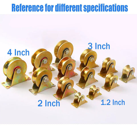 Heavy Duty 4 Inch V Groove Caster Wheel Set For Square Metal Tracks Packing Serious 1765 Lb Capacity Per Wheel Rust Proof Galvanized Steel Pulleys 2 Pack showcasing various sizes including 4 inch, 3 inch, 2 inch, and 1.2 inch wheels.