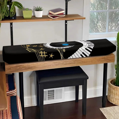 Music Note Design Keyboard Dust Cover For 61 To 76 Key Pianos Soft Cloth Full Coverage Keyboard Protector displayed on piano in room