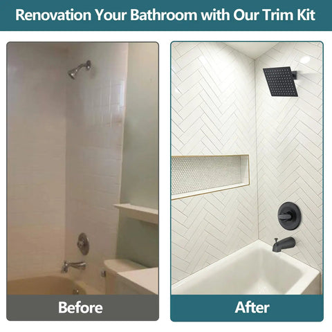 Comparison of bathroom before and after the Slick 8 Inch Square Rain Shower Faucet Trim Kit Compatible With Delta 13 14 Series.