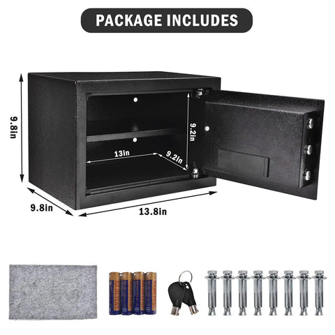 Heavy Duty Safe Box Security Cabinet With Digital Keypad Alarm LED Indicator And Triple Lock Core Anti Theft For Cash Jewelry And Guns Fireproof Safe Cabinet Includes Expansion Nails And Battery Pack dimensions and accessories visible