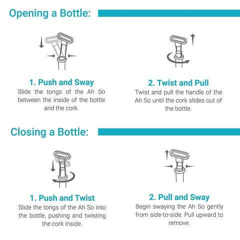 Killer Stainless Steel Two Prong Wine Opener Designed For Vintage Bottles And Fragile Corks instructions for opening and closing bottles.