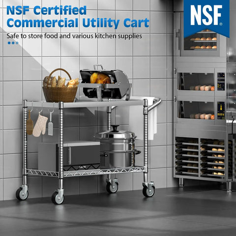 Heavy Duty 45 Inch Rolling Utility Cart With Hella Roomy Two Tier NSF Certified Steel Storage Shelf For Warehouse And Home Garage, kitchen cart with appliances.