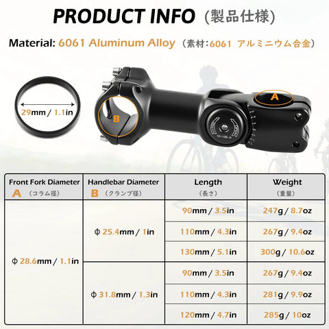 Product info sheet for Adjustable Bike Handlebar Stem Extender Fits 31.8mm Bars And 28.6mm Steerer Boosts Your Ride Height 90 110 120mm