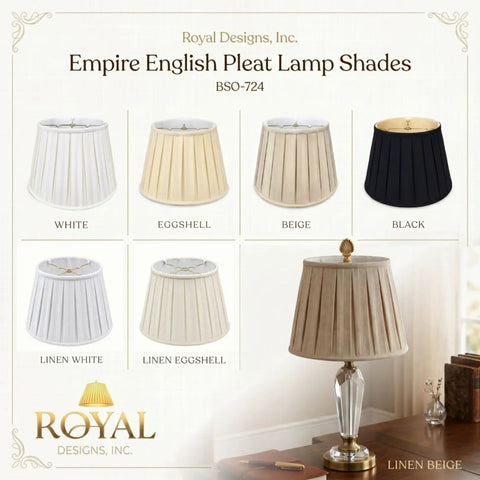 Empire English Pleat Lamp Shades in multiple colors with side pleats featuring a linen beige shade on a lamp.