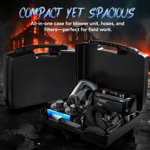 Compact all-in-one carrying case for Full Face PAPR Respirator with powered air purification and carbon filter.