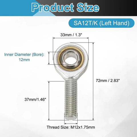 4 Pcs SA12T/K Rod End Bearings With 12mm Bore M12x1.75 Left Hand Male Thread Jam Nuts Chrome Steel Self-Lubricating Joints For Flexible Machine Linkage And Robot Arms. SA12T/K left-hand rod end bearing, 12mm bore, M12x1.75 thread, 72mm length