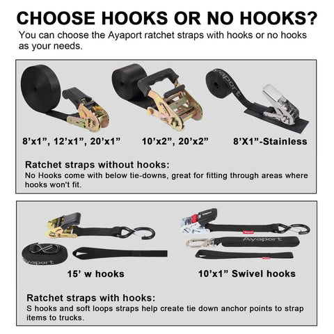 Heavy Duty Ratchet Strap Tie Downs Kit With S Hooks 2500 Lb Break Strength For Truck Bed Motorcycle Roof Rack Cargo Securement Tailgate Style No Sweat Operation in different sizes and with hook options.
