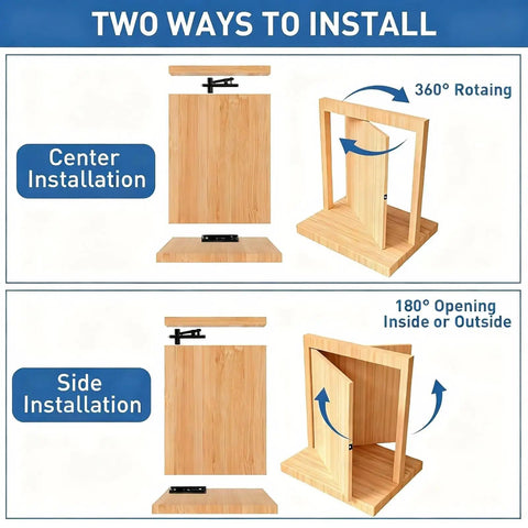 Two installation methods for Heavy Duty Black Pivot Hinge For Hidden Secret Doors And Custom Shelves featuring rotating actions.