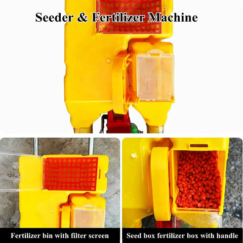 Hand Push Seeder With Precision Roller For Easy Seeding And Fertilizing, close-up of yellow fertilizer bin with filter screen.