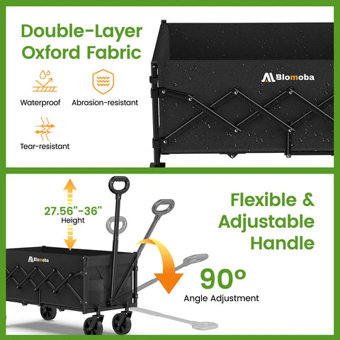 Extra Long 35 Inch Collapsible Wagon with adjustable handle, showing waterproof Oxford fabric and flexible handle
