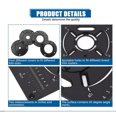 Solid Build Aluminum Router Table Insert Plate With Dual Inch And Centimeter Markings Universal Fit Badass Upgrade For Woodworking Enthusiasts showing covers and adjustable router holes.