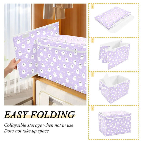Smooth Folding Storage Bin With Grippy Handles And Snug Velcro Cover Collapsible Oxford Fabric Tote For Closets And Dorm Rooms showing easy folding and storage functionality.