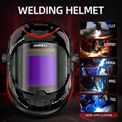 Top Notch Panoramic Welding Helmet With True Color View Solar Powered Auto Darkening Shield showcased with welding applications.