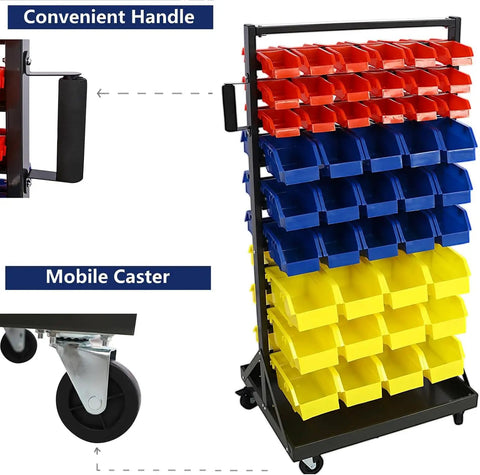Heavy Duty Rolling Steel Storage Rack With Wheels, 90 Bin Organizer, 9-Tier Dual-Sided Garage Shelf with handle and caster