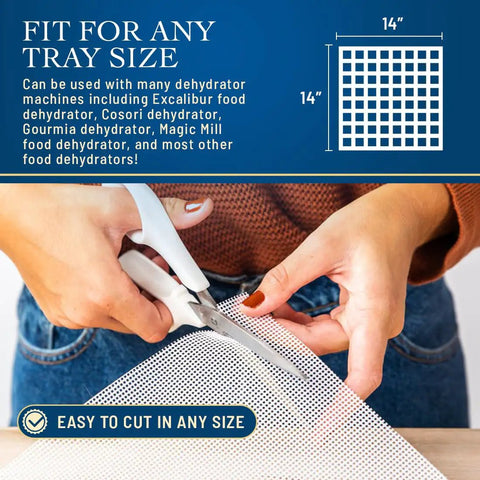 Silicone Dehydrator Sheets 14x14 Inch Pack Of 12 Reusable Nonstick Mesh Dehydrator Mats being cut to fit tray
