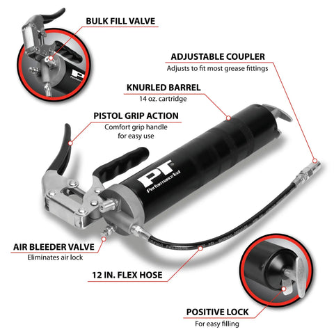 Professional Grade 14 Oz Pistol Grip Grease Gun with Heavy Duty Build, Ergonomic Handle, and Smooth Pump Action in diagram view