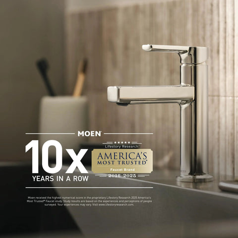 Moen chrome faucet in modern kitchen setting, showcasing sleek design, with America's Most Trusted brand badge for 10 years.