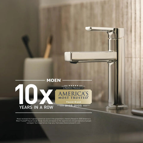 Moen faucet in chrome finish beside a sink, featuring award label for America's Most Trusted Faucet Brand, 10 years in a row.
