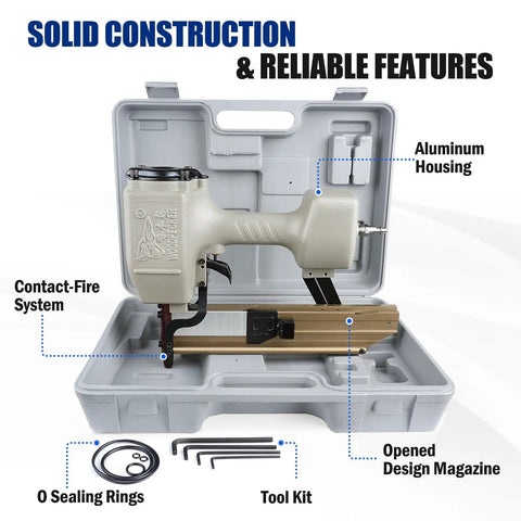 Sixteen Gauge Seven Sixteenth Inch Medium Crown Construction Stapler pneumatic gun shown in open case with tool kit