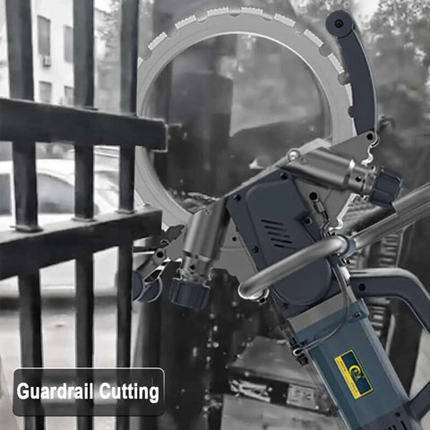 Badass Wall Cutting Machine With 8800W Brushless Motor cutting through guardrails in a worksite setting.